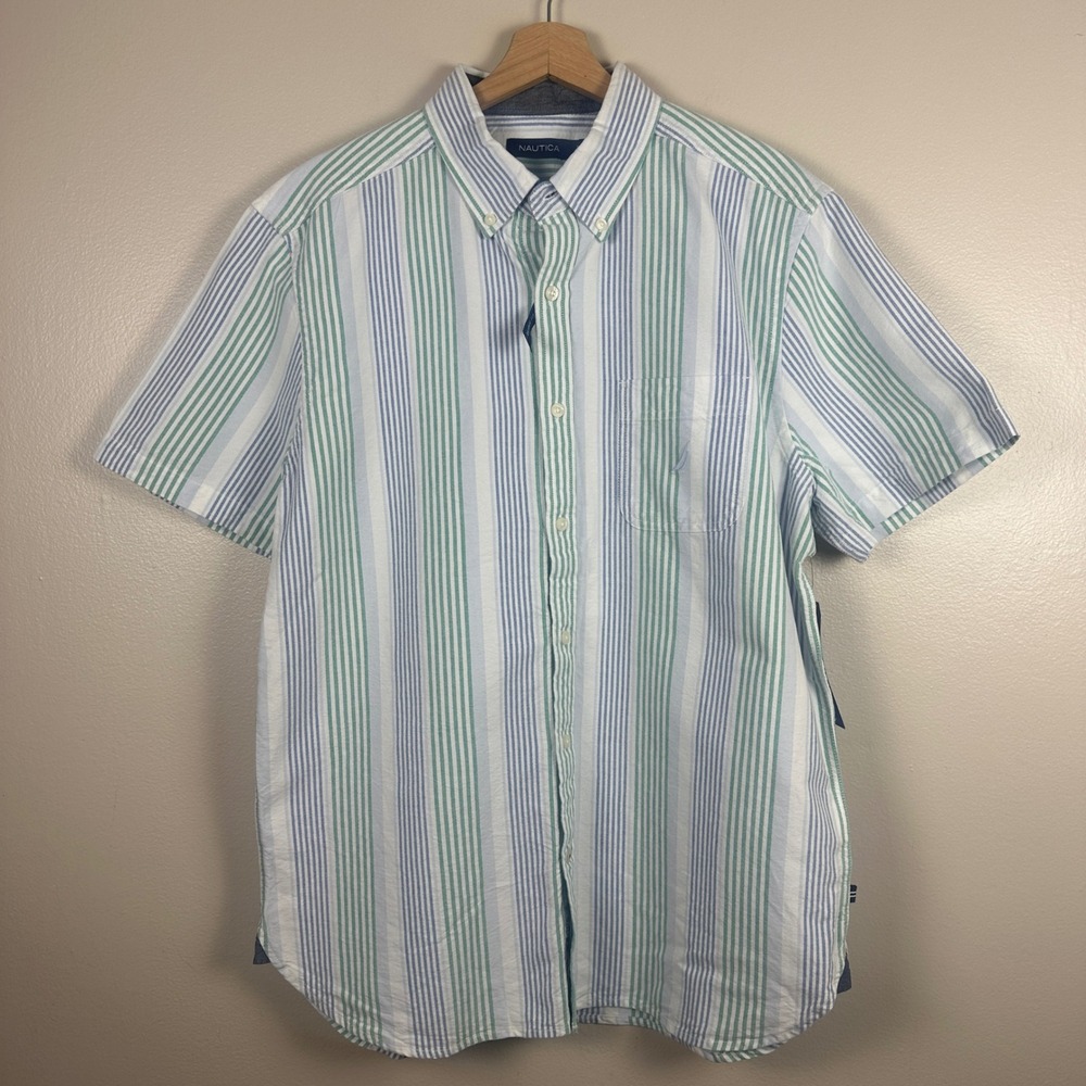 Nautica Men's M Button-Down Shirt White Blue Green‎ Striped Short Sleeve NEW